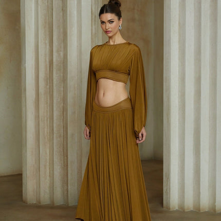 Carlotta Pleated Maxi Blouse Skirt Set in Luxurious Olive Green