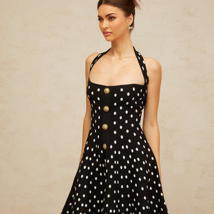 Carly Black Polka Dot Flounce Hem Mini Dress
