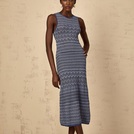 Carly Blue Crochet Knit Midi Dress with Metallic Threading