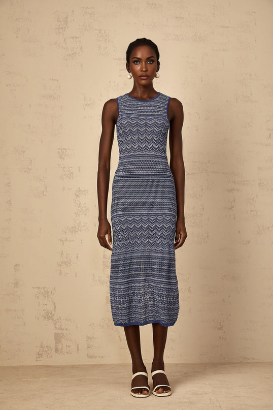 Carly Blue Crochet Knit Midi Dress
