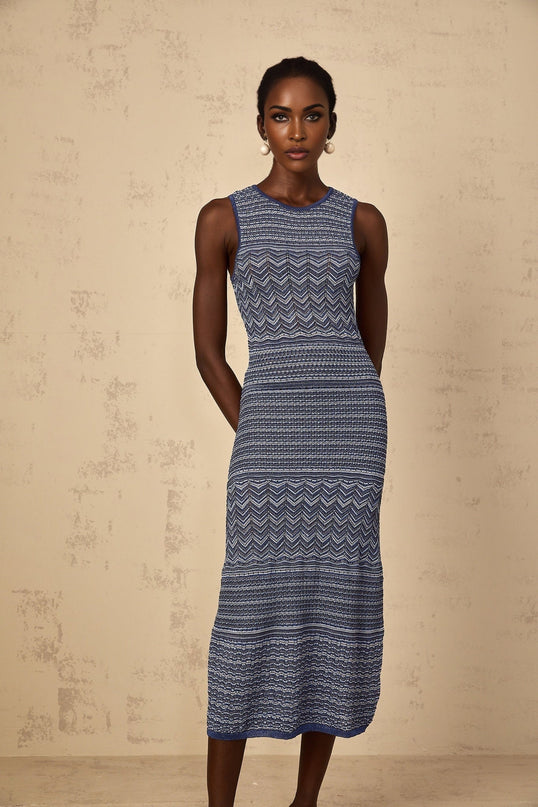 Carly Blue Crochet Knit Midi Dress