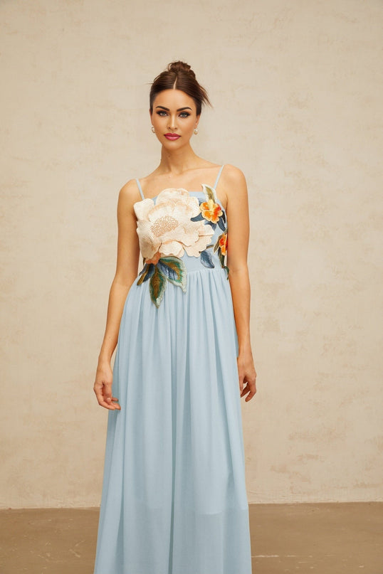 Carly Blue Floral Embroidered Maxi Dress