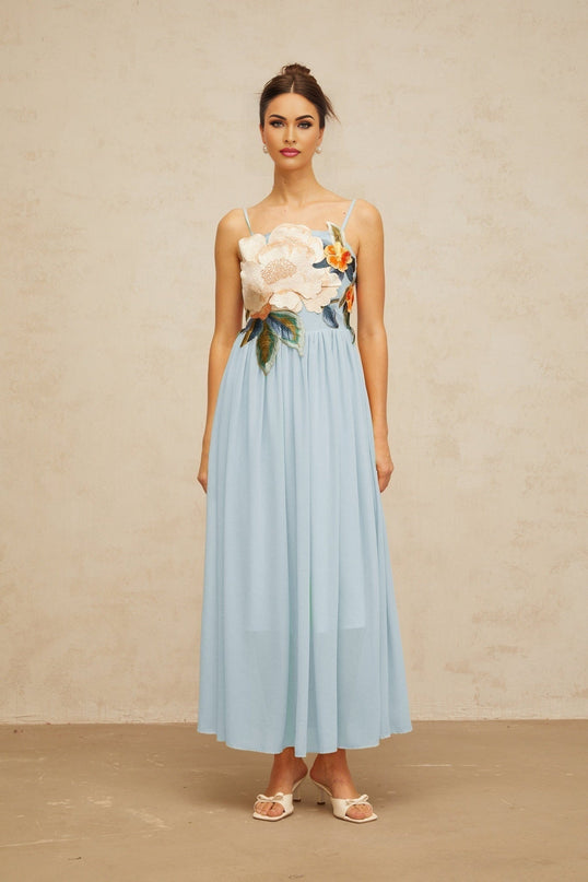 Carly Blue Floral Embroidered Maxi Dress