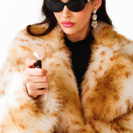 Carly Brown and White Faux Fur Coat Long Sleeve Lapel Design Button Fastening Welt Pockets Midi Length 100% Artificial Mink Fur