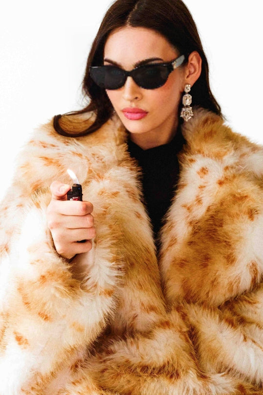Carly Brown and White Faux Fur Coat Long Sleeve Lapel Design Button Fastening Welt Pockets Midi Length 100% Artificial Mink Fur