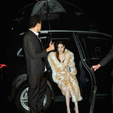 Carly Coat In Fur Brown White Faux Fur Long Sleeve Lapel Button Fastening Welt Pockets Midi Length Artificial Mink Fur