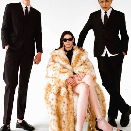 Carly Brown White Faux Fur Coat Long Sleeve Lapel Design Button Fastening Welt Pockets Midi Length 100% Artificial Mink Fur