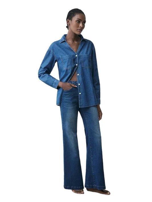Carly Denim Top with Classic Button - Down Design in Blue - Blue