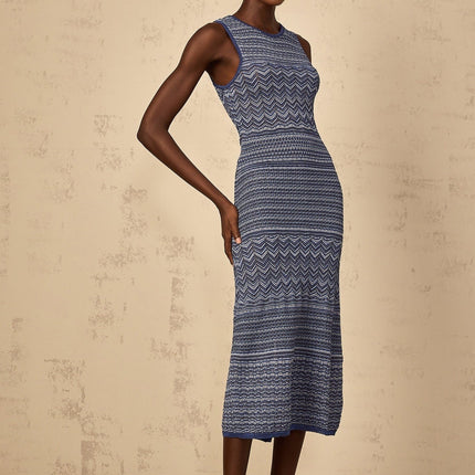 Carly Midi Dress in captivating Blue crochet knit and metallic threading