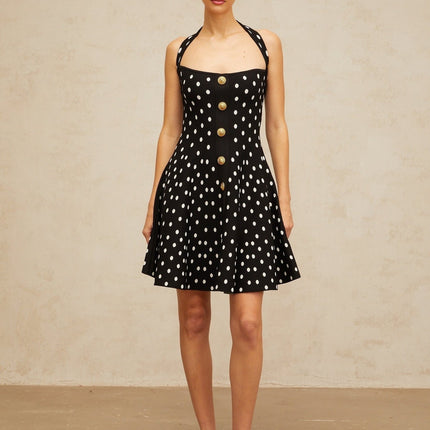 Carly Black White Polka Dot Flounce Hem Halterneck Dress