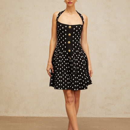 Carly Black White Polka Dot Halterneck Dress Flounce Hem Gold Buttons