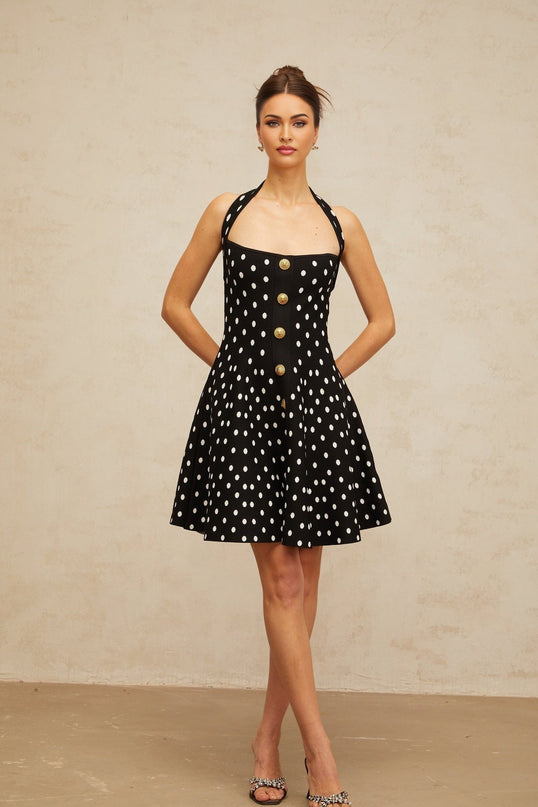 Carly Black Polka Dot Flounce Hem Halterneck Dress with Gold-Tone Buttons