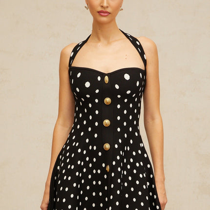Carly Black White Polka Dot Flounce Hem Halterneck Dress with Gold-Tone Buttons