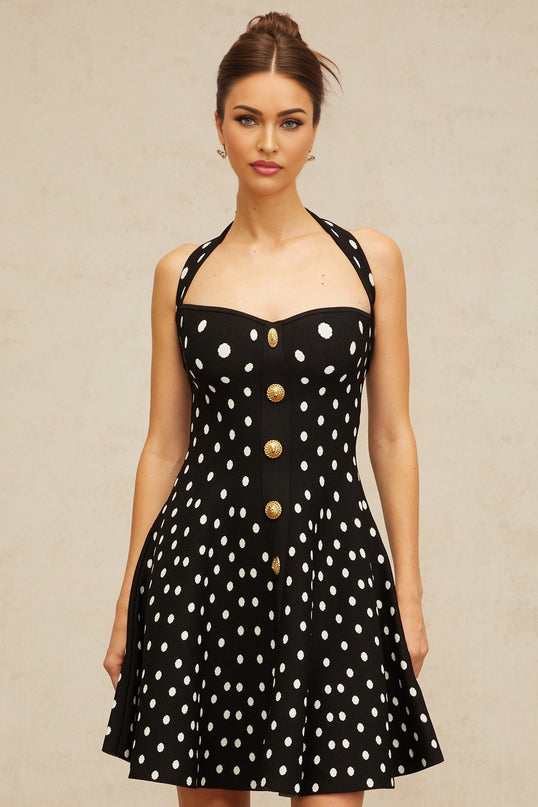 Carly Black White Polka Dot Flounce Hem Halterneck Dress with Gold-Tone Buttons