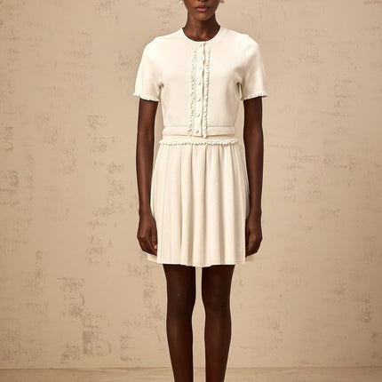Carly White Knit Top and Skirt Set with Ruffled Trim and Pleated Detailing