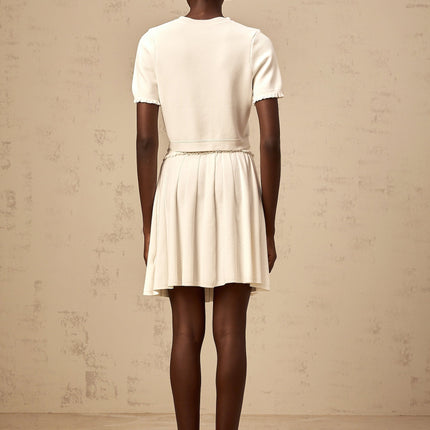 Carly White Knit Top and Skirt Set with Ruffled Trim and Pleated Detailing