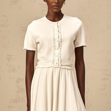Carly White Top Skirt Set Ruffled Trim Press-Stud Fastening Pleated Detailing Elasticated Waistband Rayon Nylon Blend Modern Femininity Fashionista