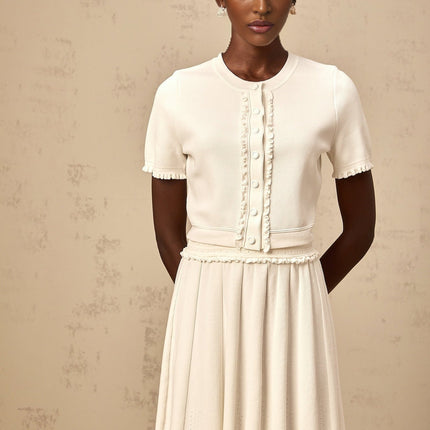 Carly White Top Skirt Set Ruffled Trim High Rise Elasticated Waistband