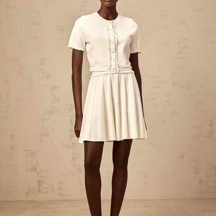 Carly White Knitted Top and Skirt Set with Ruffled Trim and Pleated Detailing