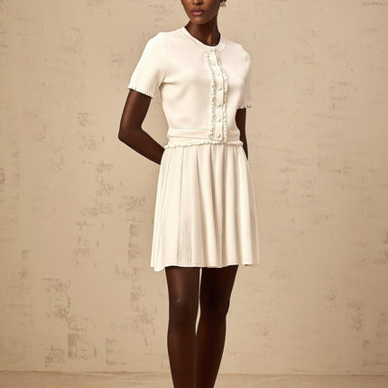 Carly White Knitted Top and Skirt Set with Ruffled Trim and Pleated Detailing