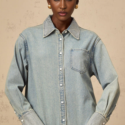 Carmela Blue Denim Rhinestone Embellished Shirt