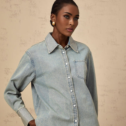 Carmela Blue Rhinestone Embellished Denim Shirt