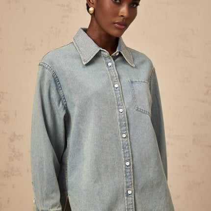 Carmela Blue Rhinestone Embellished Denim Shirt