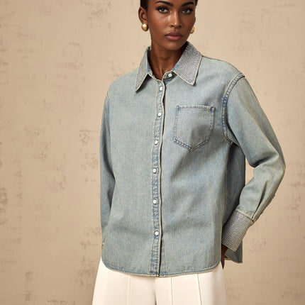 Carmela Blue Rhinestone Embellished Denim Shirt