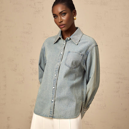 Carmela Blue Rhinestone Embellished Denim Shirt
