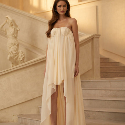 Carmela Midi Dress in Neutrals chiffon mullet hem design open back asymmetrical cut pleated silhouette rear zip fastening sheer headscarf elegance contemporary fashion