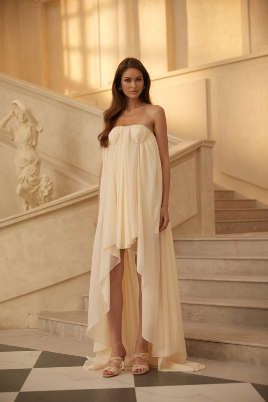 Carmela Midi Dress in Neutrals chiffon mullet hem design open back asymmetrical cut pleated silhouette rear zip fastening sheer headscarf elegance contemporary fashion