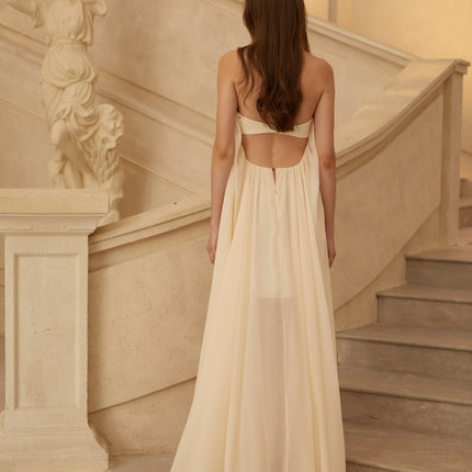 Carmela Midi Dress in Neutrals chiffon mullet hem design open back asymmetrical cut elegant contemporary fashion