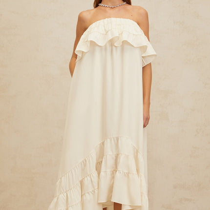 Carmela White Maxi Dress Sleeveless Off-Shoulder Ruffled Detailing Side Slit Pockets Floor-Length Elegant Formal Wear