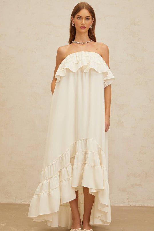 Carmela White Maxi Dress Sleeveless Off-Shoulder Ruffled Detailing Side Slit Pockets Floor-Length Elegant Formal Wear