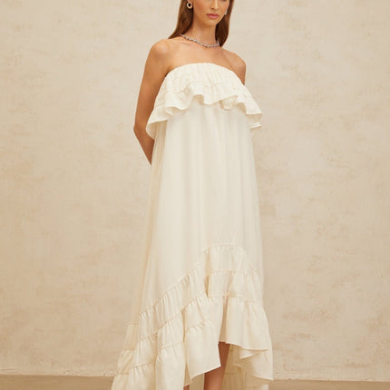 Carmela White Maxi Dress Terylene Acetic Acid Spandex Off Shoulder Ruffled Detailing Side Slit Pockets Floor Length Elegant Graceful Special Event Sophisticated Femininity