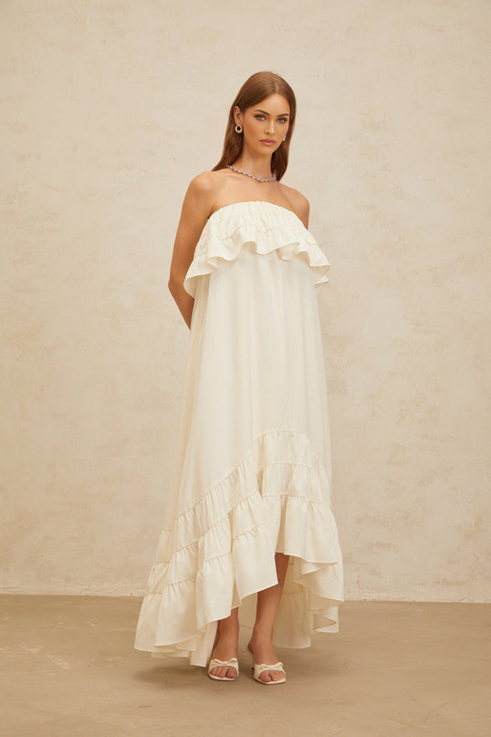 Carmela White Maxi Dress Terylene Acetic Acid Spandex Off Shoulder Ruffled Detailing Side Slit Pockets Floor Length Elegant Graceful Special Event Sophisticated Femininity