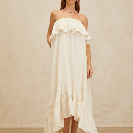 Carmela White Maxi Dress Terylene Acetic Acid Spandex Off-Shoulder Ruffled Detailing Side Slit Pockets Floor-Length Elegant Sophisticated Feminine Graceful Special Event Timeless Piece