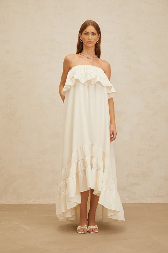 Carmela White Maxi Dress Terylene Acetic Acid Spandex Off-Shoulder Ruffled Detailing Side Slit Pockets Floor-Length Elegant Sophisticated Feminine Graceful Special Event Timeless Piece