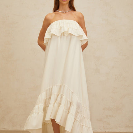 Carmela White Maxi Dress Terylene Acetic Acid Spandex Off-the-Shoulder Ruffled Detailing Side Slit Pockets Floor-Length Elegant Formal Wear