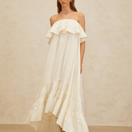 Carmela White Maxi Dress with Off-the-Shoulder Design and Ruffled Detailing