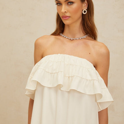 Carmela White Maxi Dress with Off-the-Shoulder Design and Ruffled Detailing