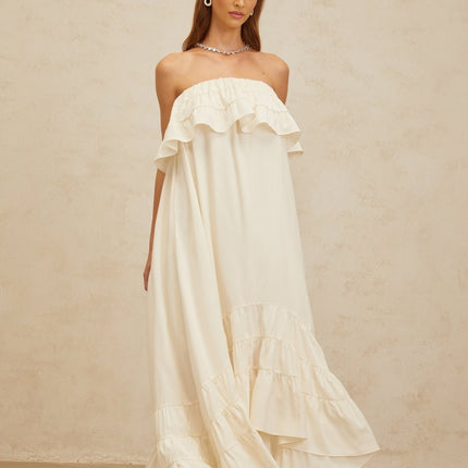 Carmela White Maxi Dress Sleeveless Off-Shoulder Ruffled Detailing Side Slit Pockets Floor-Length Elegant Formal Wear