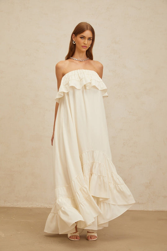 Carmela White Maxi Dress Sleeveless Off-Shoulder Ruffled Detailing Side Slit Pockets Floor-Length Elegant Formal Wear