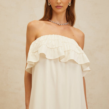 Carmela White Maxi Dress Terylene Acetic Acid Spandex Off-Shoulder Ruffled Detailing Side Slit Pockets Floor-Length Elegant Sophisticated Feminine Graceful Special Event Timeless Piece