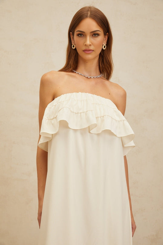 Carmela White Maxi Dress Terylene Acetic Acid Spandex Off-Shoulder Ruffled Detailing Side Slit Pockets Floor-Length Elegant Sophisticated Feminine Graceful Special Event Timeless Piece