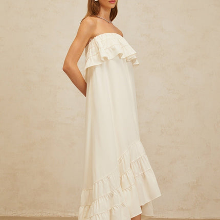 Carmela White Maxi Dress Terylene Acetic Acid Spandex Off Shoulder Ruffled Detailing Side Slit Pockets Floor Length Elegant Sophisticated Special Event Femininity Graceful Timeless