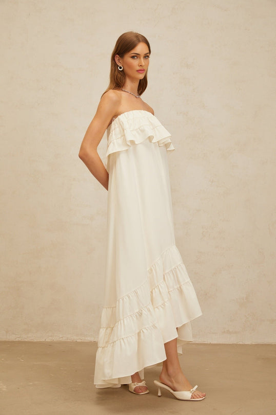 Carmela White Maxi Dress Terylene Acetic Acid Spandex Off Shoulder Ruffled Detailing Side Slit Pockets Floor Length Elegant Sophisticated Special Event Femininity Graceful Timeless