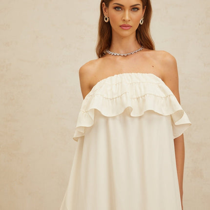 Carmela White Maxi Dress Terylene Acetic Acid Spandex Off Shoulder Ruffled Detailing Side Slit Pockets Floor Length Elegant Formal Wear