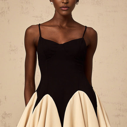 Carmelina Black Godet Design Mini Dress