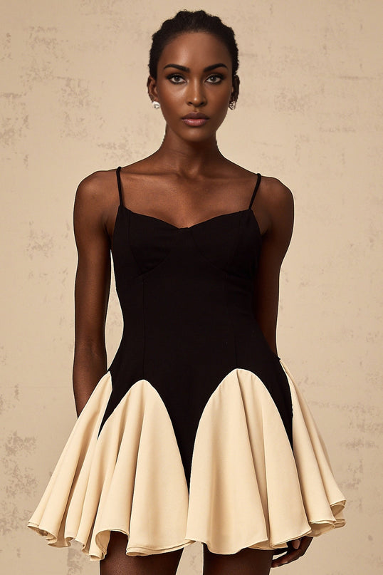 Carmelina Black Godet Design Mini Dress